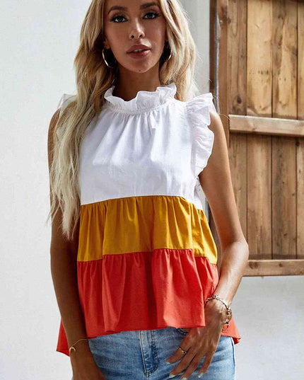 Ruffle Trim Mock Neck Sleeveless Color Block Tank Top