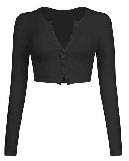 Double Take Button Down Long Sleeve Cropped Top