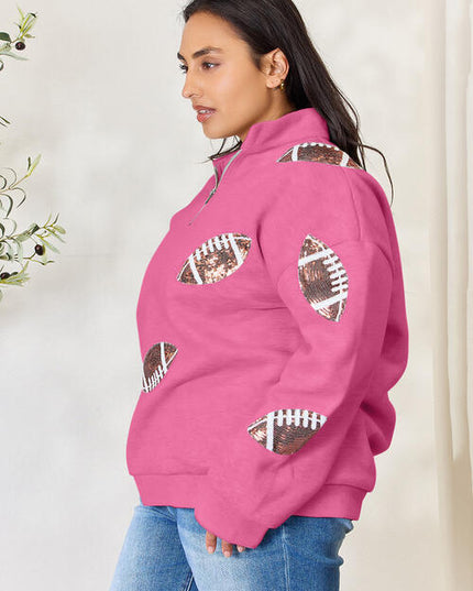 Double Take Full Size Sequin Football Half Zip Long Sleeve Sweatshirt