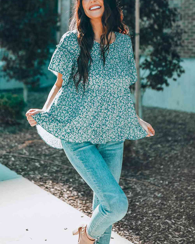 Floral Flare Sleeve Ruffle Hem Top