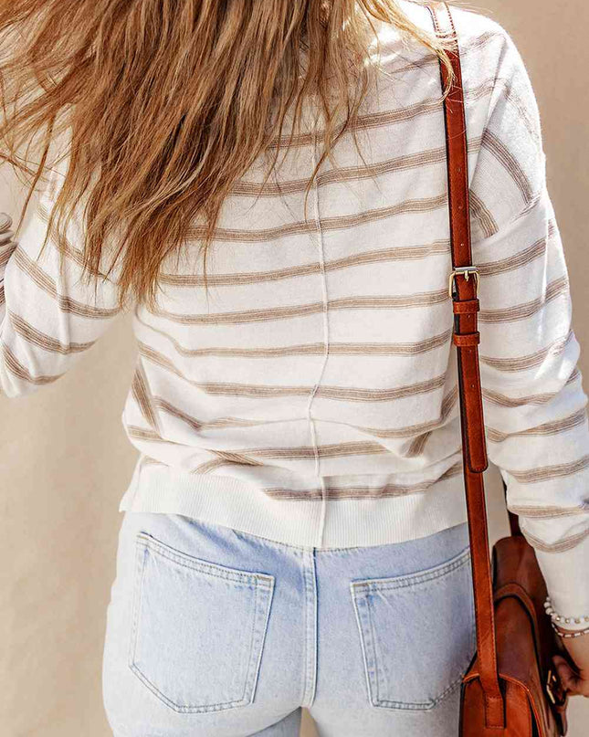 Double Take Cowl Neck Drawstring Dropped Shoulder Striped Print Blouse