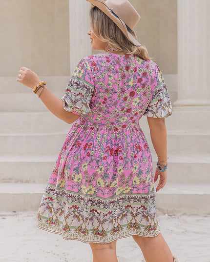 Plus Size Printed V-Neck Short Sleeve Dress