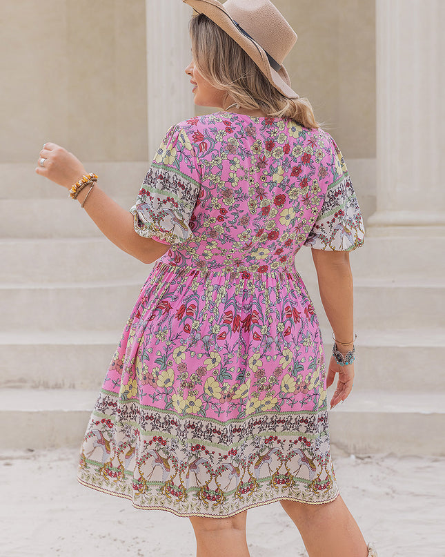 Plus Size Printed V-Neck Short Sleeve Dress
