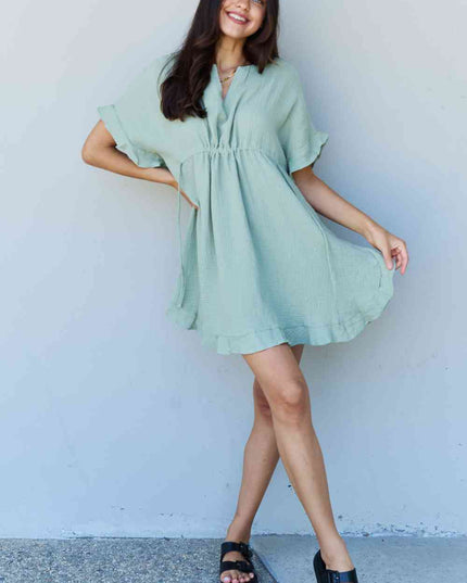 Ninexis Out Of Time Full Size Ruffle Hem Dress with Drawstring Waistband in Light Sage