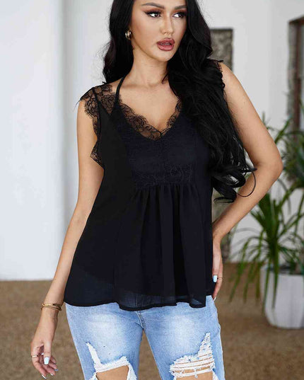 Eyelash Trim Spliced Lace V-Neck Tank