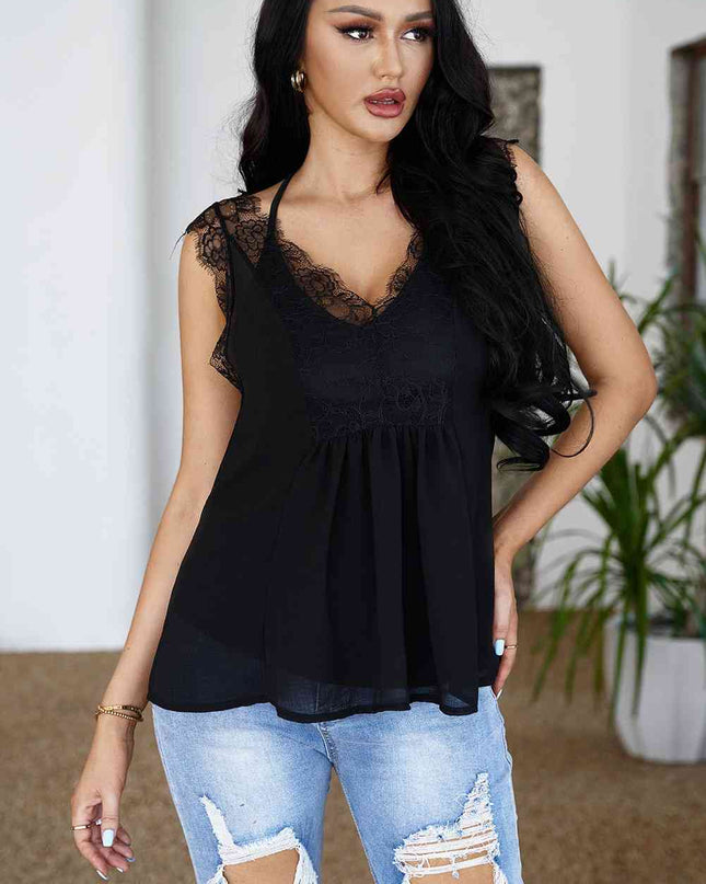 Eyelash Trim Spliced Lace V-Neck Tank