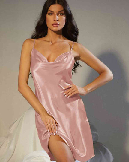 Spaghetti Strap Cowl Neck Satin Night Dress