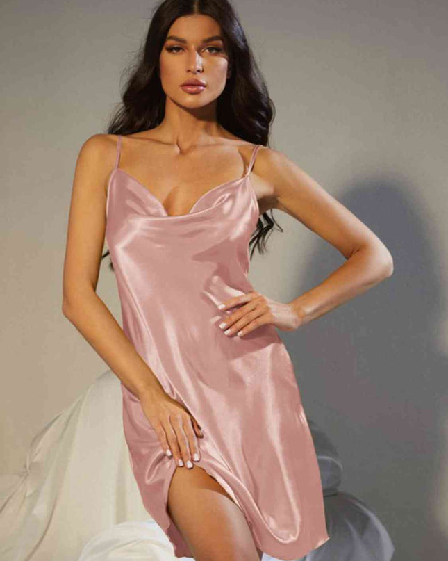 Spaghetti Strap Cowl Neck Satin Night Dress