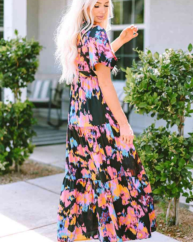 Printed V-Neck Short Sleeve Maxi Dress