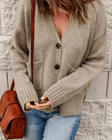 Ribbed Trim Button Down Cardigan with Pockets