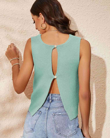 Buttoned Cutout Ribbed Trim Knit Tank