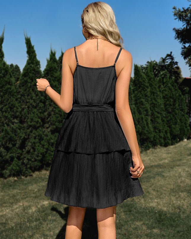 Tie Belt Surplice Spaghetti Strap Layered Dress