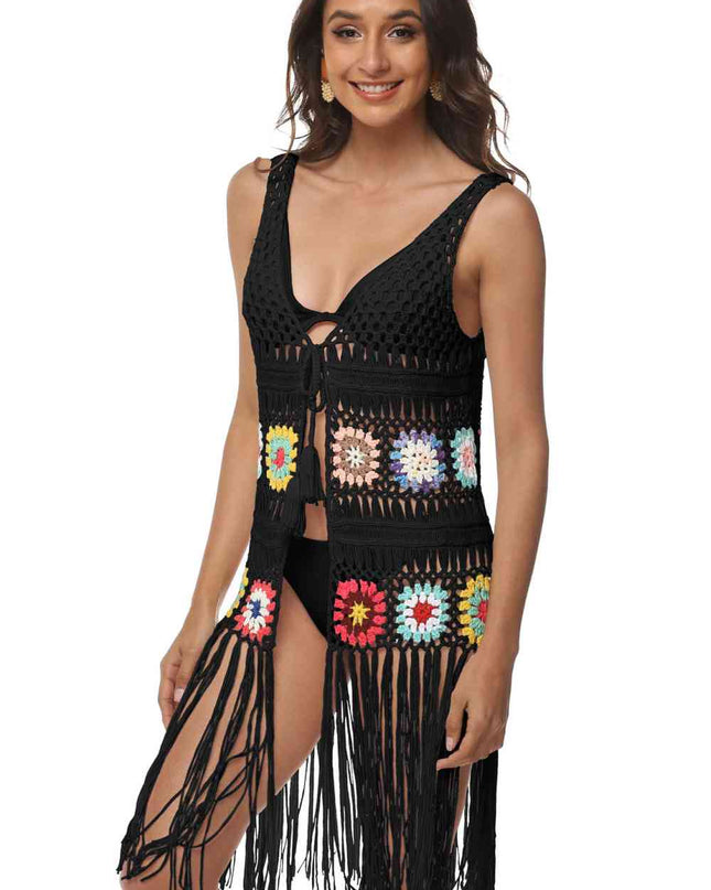 Openwork Fringe Detail Embroidery Sleeveless Cover-Up