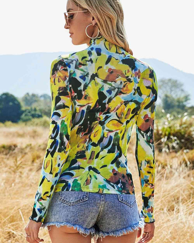 Printed Mock Neck Long Sleeve Blouse
