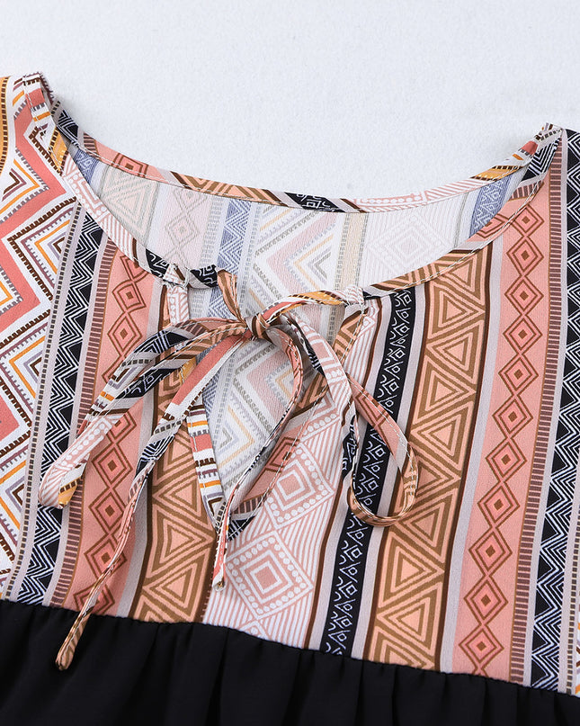 Geometric Print Color Block Tied Babydoll Blouse