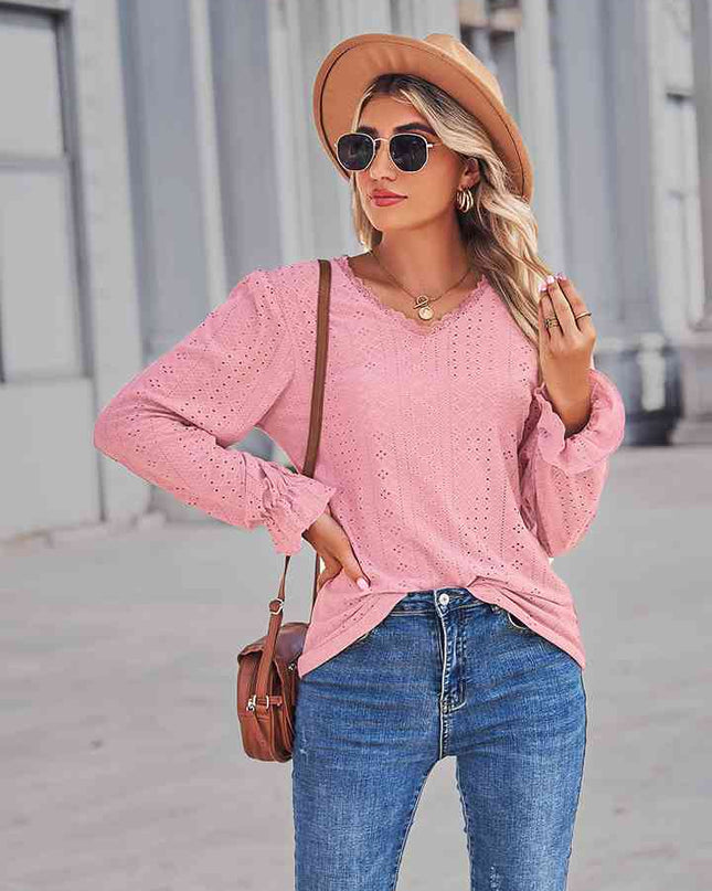 Eyelet V-Neck Flounce Sleeve Blouse