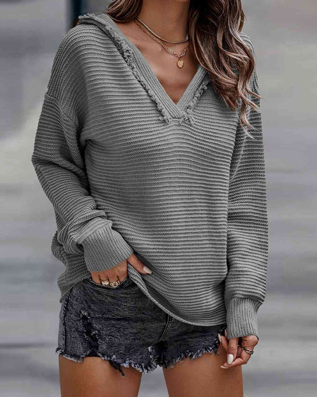 Ribbed Fringed V-Neck Hooded Sweater