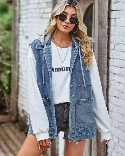 Button Up Sleeveless Denim Jacket with Pockets