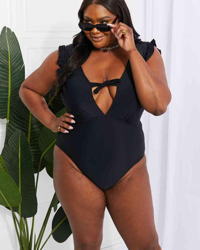 Marina West Swim Seashell Ruffle Sleeve One-Piece in Black
