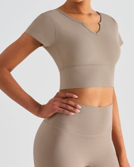 Notched Neck Short Sleeve Cropped Sports Top