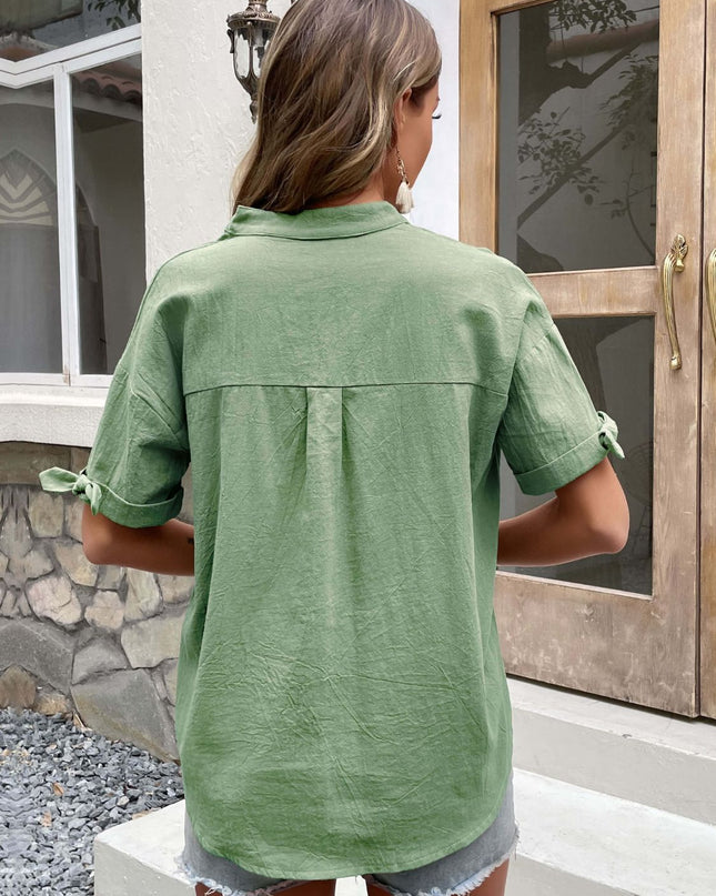 Buttoned Notched Neck Cuffed Sleeve Blouse