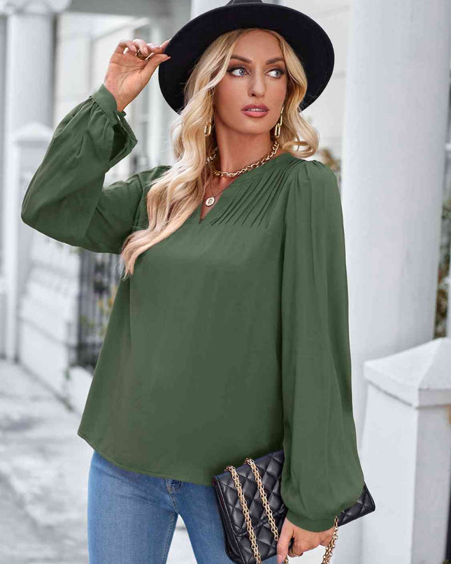 Notched Neck Puff Sleeve Blouse