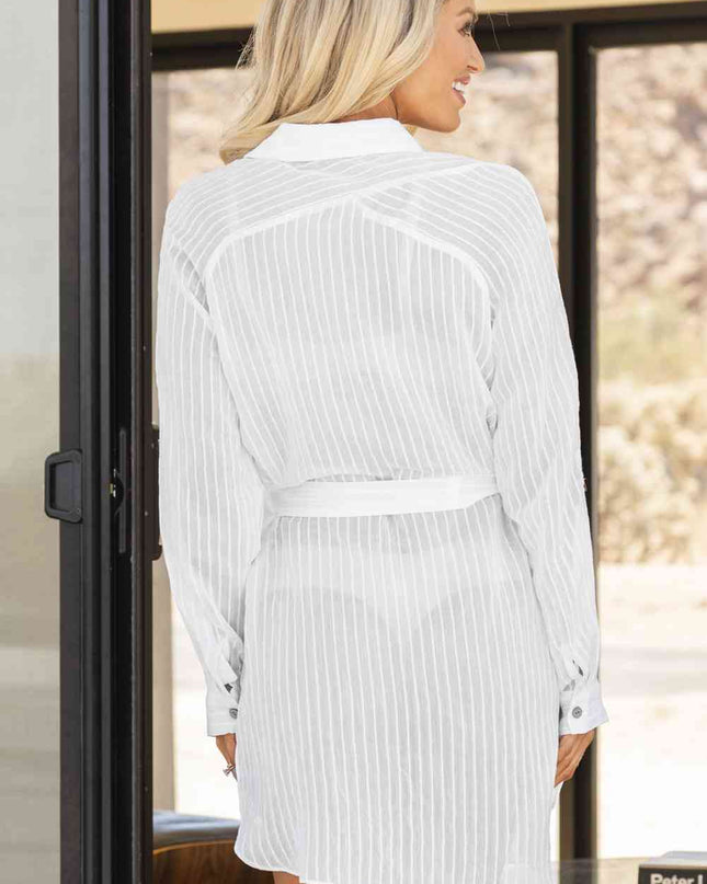 Belted Button-Front Cover-Up Shirt Dress