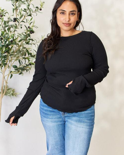 Culture Code Full Size Ribbed Round Neck Long Sleeve Top