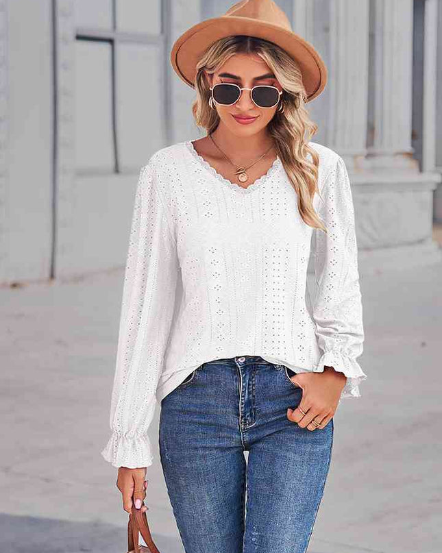 Eyelet V-Neck Flounce Sleeve Blouse