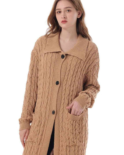 Cable-Knit Collared Neck Cardigan with Pockets