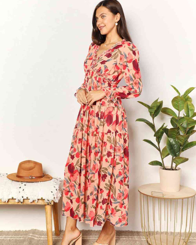 Double Take Floral Frill Trim Flounce Sleeve Plunge Maxi Dress