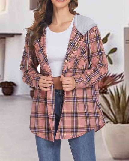 Plaid Drawstring Button Up Hooded Jacket
