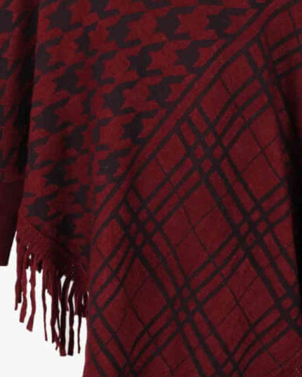 Houndstooth Turtleneck Fringe Hem Poncho
