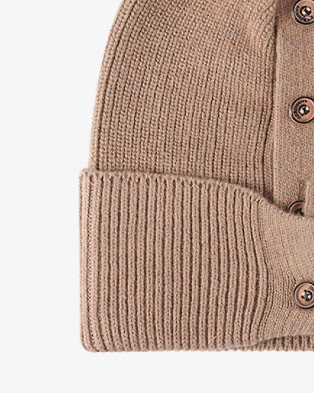 Button Detail Rib-Knit Cuff Beanie