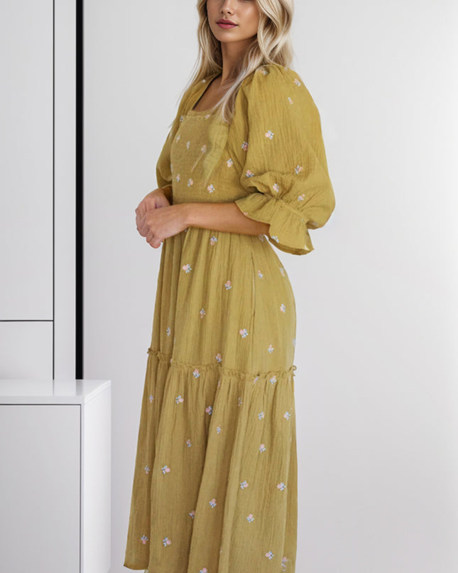 Smocked Square Neck Flounce Sleeve Dress