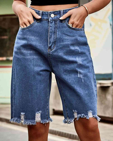 Raw Hem High Waist Denim Shorts with Pockets