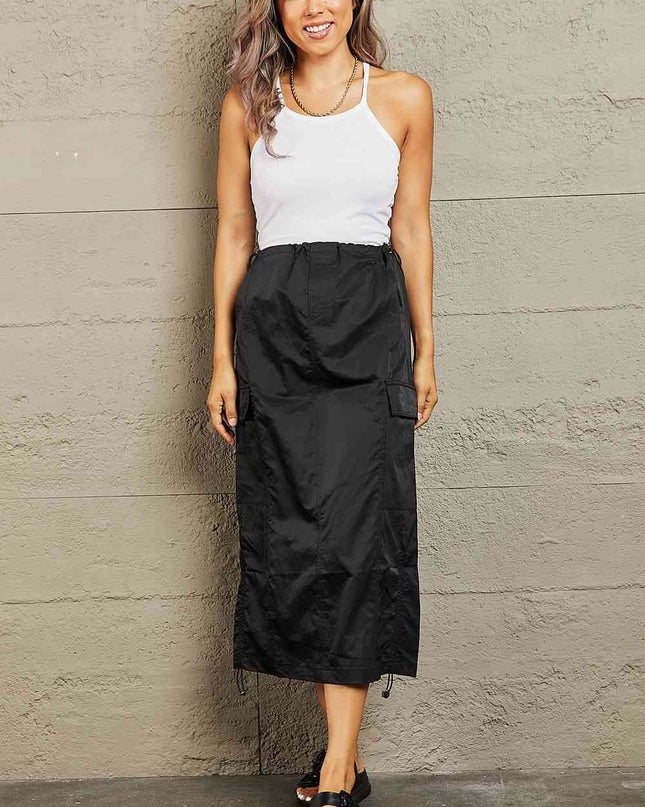 HYFVE Just In Time High Waisted Cargo Midi Skirt in Black