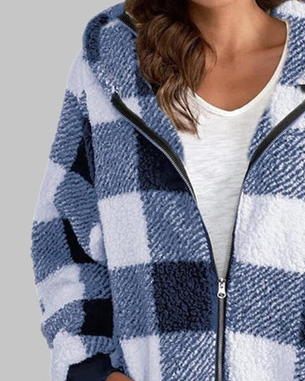 Plaid Zip-Up Hooded Jacket with Pockets