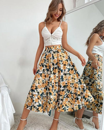 Printed Ruffle Hem Midi Skirt