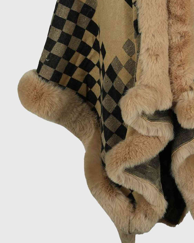 Checkered Faux Fur Trim Poncho