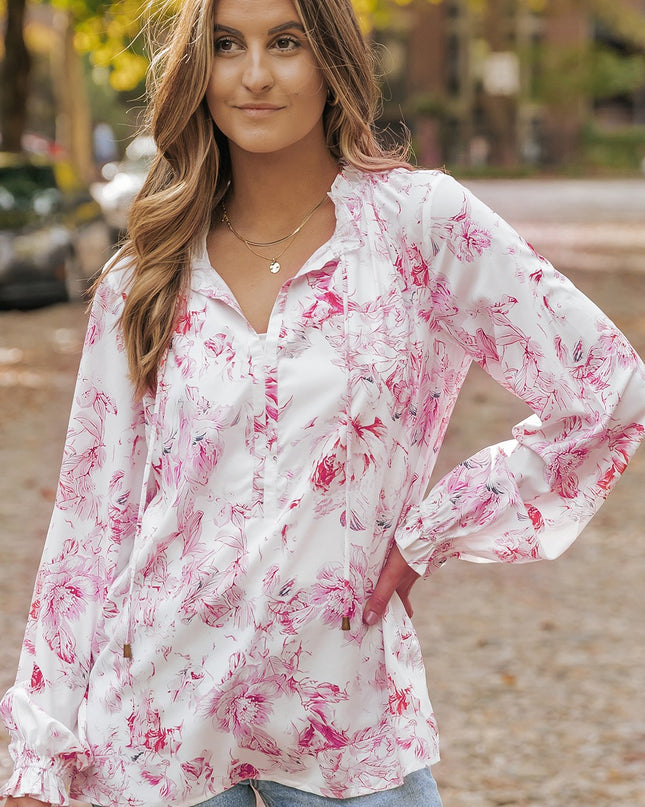 Floral Tie Neck Flounce Sleeve Blouse