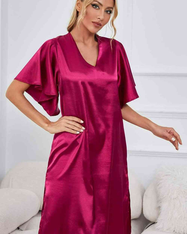 Satin Flutter Sleeve Side Slit V-Neck Night Dress