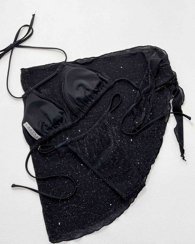 Glitter Halter Neck Backless Three-Piece Swim Set