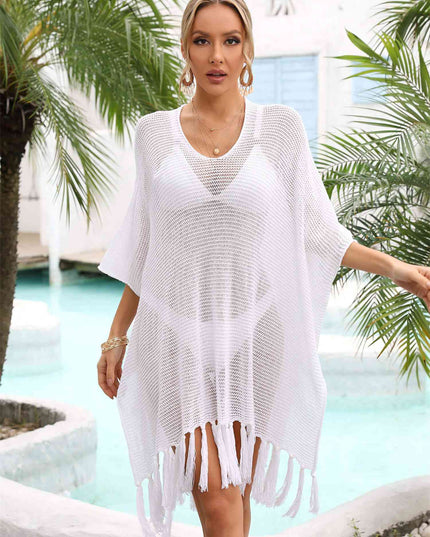 Fringe Trim Dolman Sleeve Openwork Cover-Up