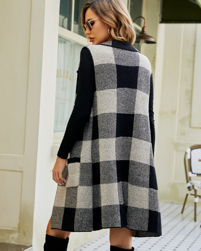 Plaid Lapel Collar Sleeveless Cardigan