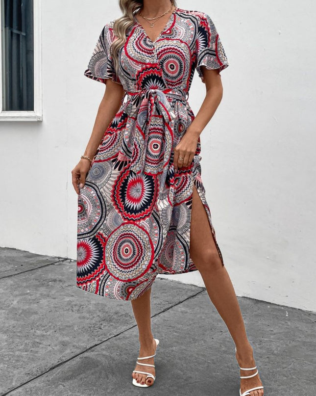 Slit Tied Printed Surplice Dress