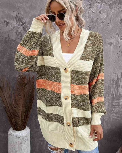 Woven Right Striped Button Down Longline Cardigan with Pockets