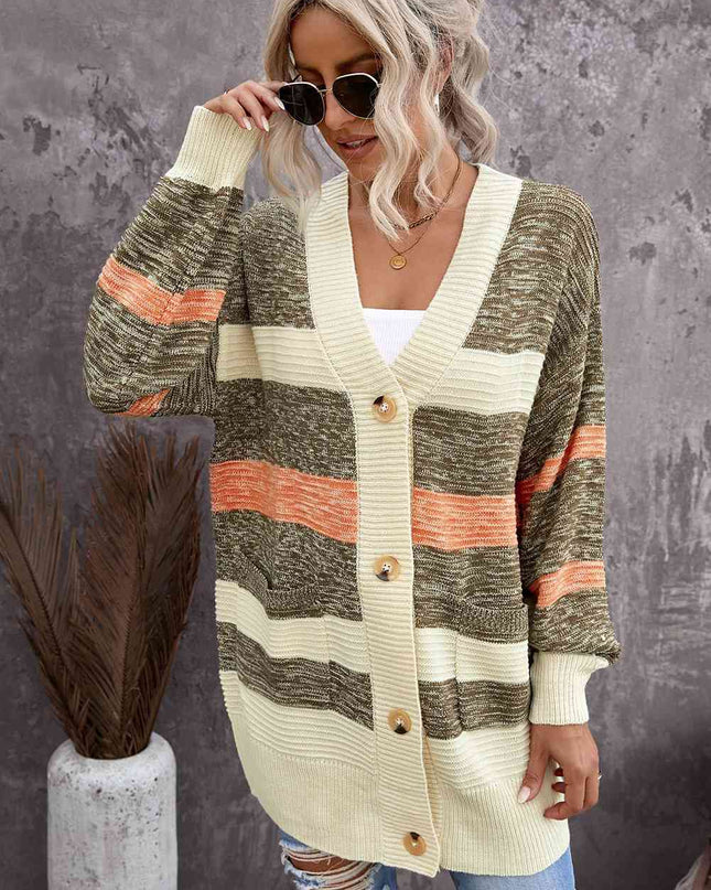 Woven Right Striped Button Down Longline Cardigan with Pockets
