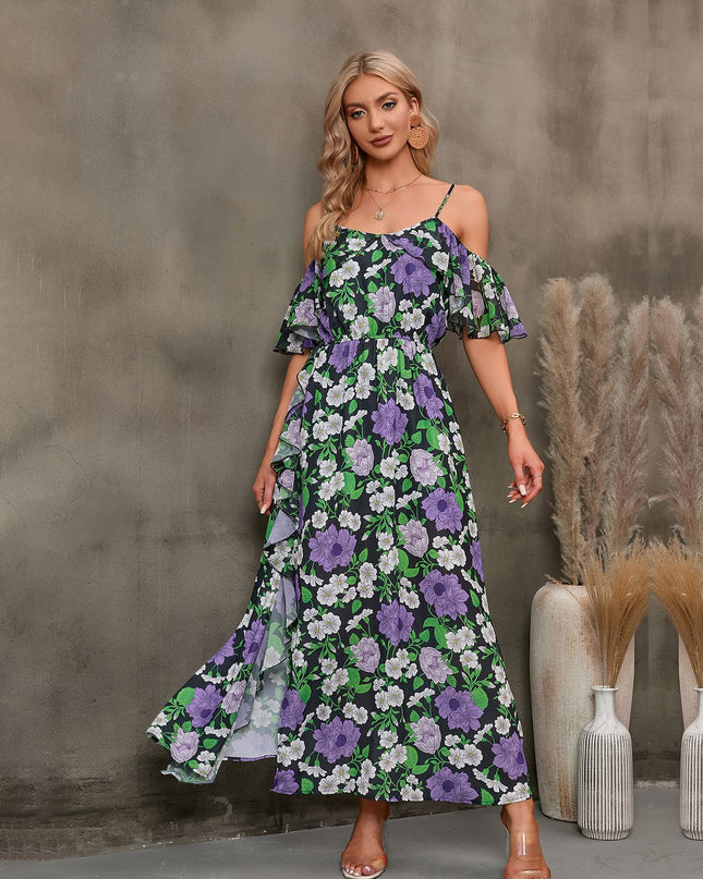 Floral Spaghetti Strap Cold-Shoulder Slit Maxi Dress