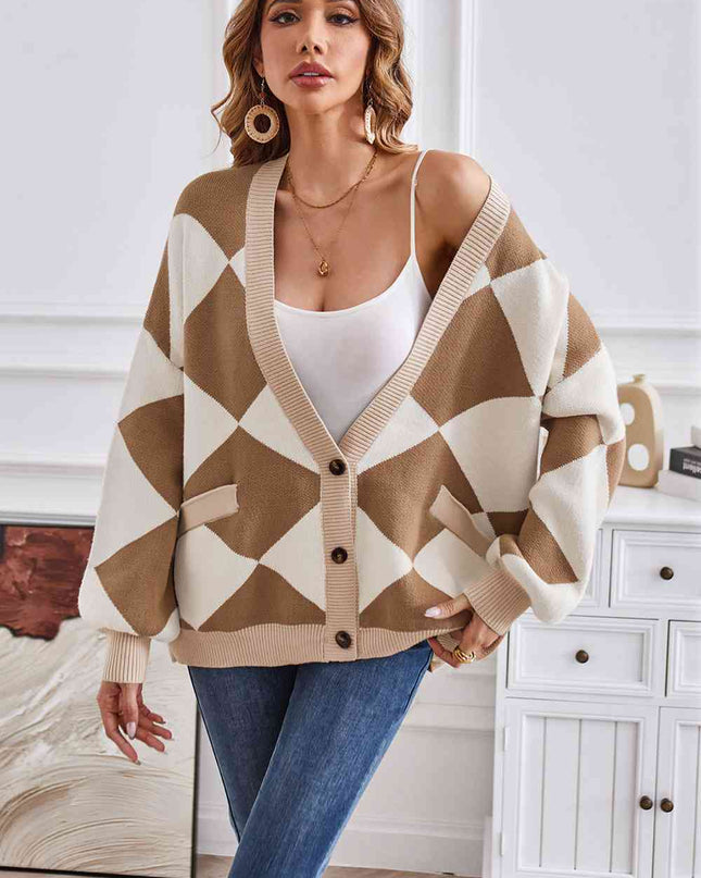 Geometric Lantern Sleeve Cardigan with Pockets